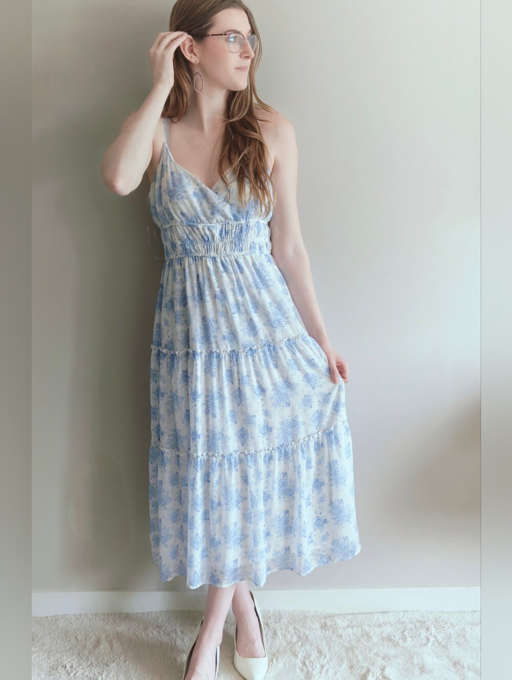 Trixxi Blue Floral Maxi Dress Smocked Waist Wrap V Neck Cottagecore Plus Size XL
